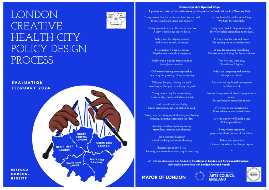 Front and back cover of 24-page internal report for the Greater London Authority, Arts Council England and London Arts and Health.